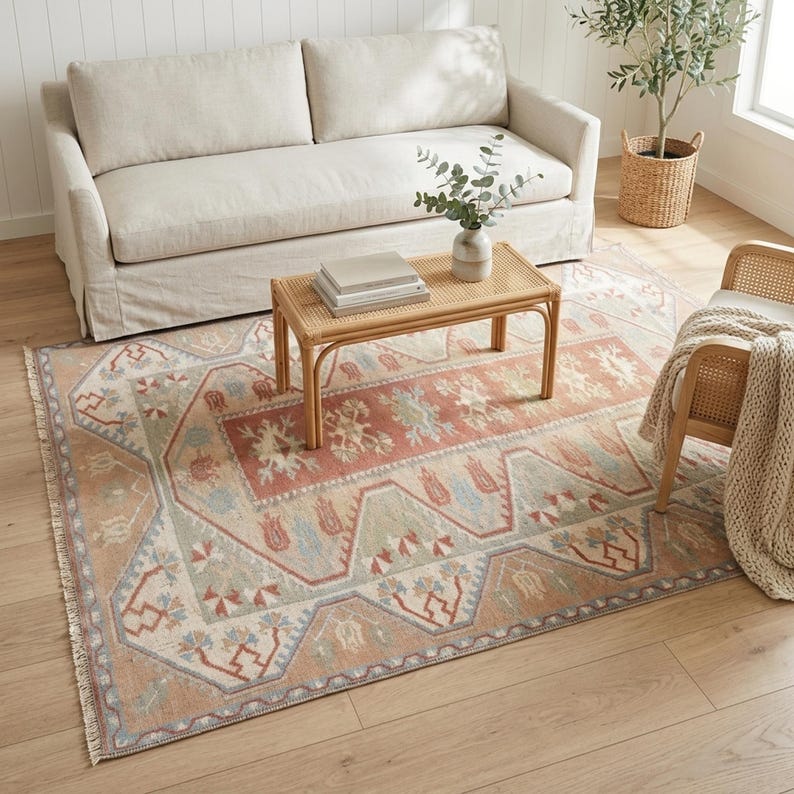 Terracotta Medallion Rug | 3.9x6.2 ft Bedroom | Faded Vintage Oushak Carpet image 1