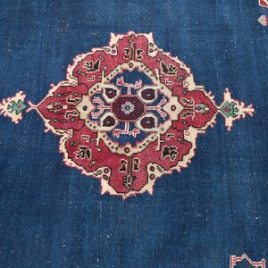 Tappeto Oushak color cobalto / 146x21 cm per soggiorno / Lana anatolica vintage immagine 8