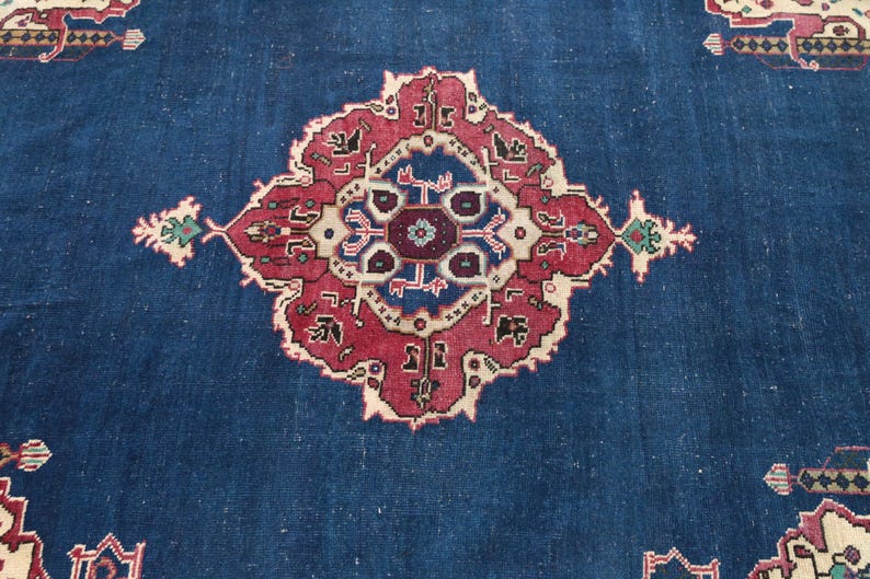 Tappeto Oushak color cobalto / 146x21 cm per soggiorno / Lana anatolica vintage immagine 8