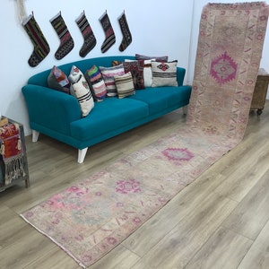Herki rug, Corridor rug, Muted pink rug, Wool rug, Runner rug, Turkish rug, Ikat rug, Faded rug, Vintage rug, 2.5 x 13.2 feet, RK 7986
