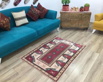 vintage rug, turkish rug, area rug, 3.2 x 4.5 feet, bohemian rug, oushak rug, soft wool rug, turkey rug, bedroom rug, bath rug, RK 7760