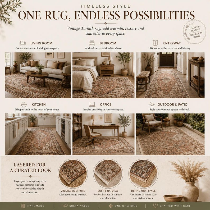 Terracotta Medallion Rug | 3.9x6.2 ft Bedroom | Faded Vintage Oushak Carpet image 16