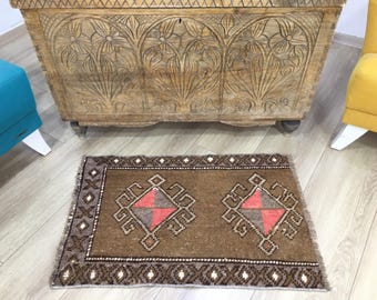 Brown turkish rug, Area rug, Small oushak rug, Front door rug, Bathroom rug, Rustic rug, Wool rug, Laundry rug, 1.6 x 3.0 ft, RK 10386