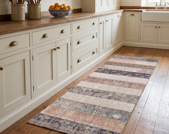 Terracotta Navy Patchwork Läufer | 70x250 cm Flur Küche | Vintage türkische Wolle