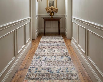 Floral Patchwork Runner Rug | 3x8.8 ft Muted Vintage Hallway | Recycled Turkish Wool Carpet