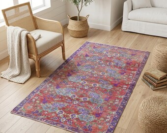 Red Floral Rug | 3.2x6 ft Bedroom | Vintage Turkish Wool Carpet