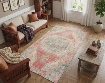 Handmade turkish rug, Vintage area rug, Oushak bohemian rug, Muted rug, Living room rug, Bedroom rug, Antique rug, 3.6 x 7.3 ft, RK 11290