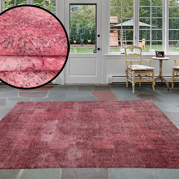 Oriental rug, Handmade pink rug, Farmhouse rug, Oushak wool rug, Overdyed rug, Turkish rug, Bedroom rug, Vintage rug, 5.5x9.7 ft, RK 12847