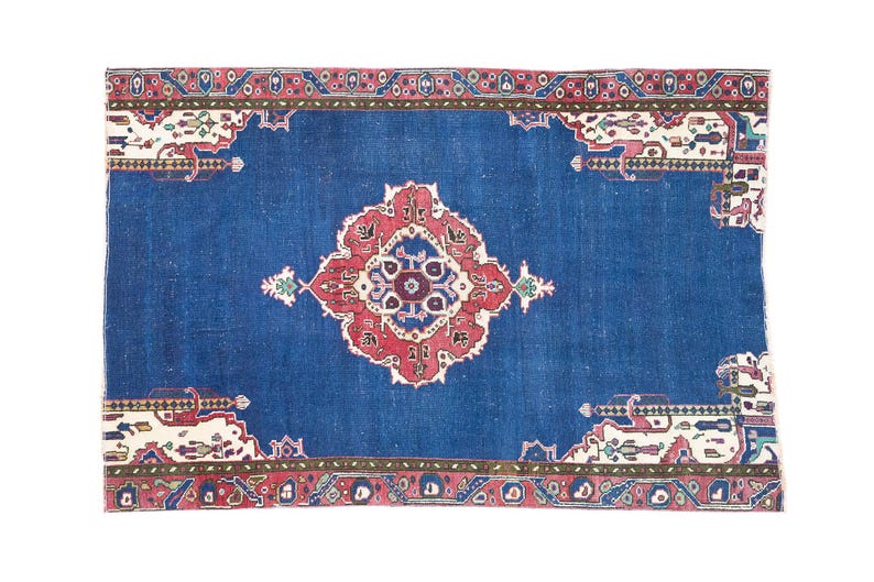 Tappeto Oushak color cobalto / 146x21 cm per soggiorno / Lana anatolica vintage immagine 3