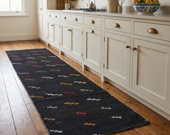 Black Minimal Kilim Runner Rug | 2.8x8.8 ft Vintage Kitchen Carpet | Tribal Turkish Wool