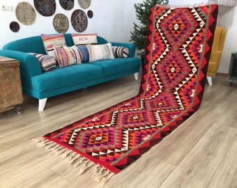 Ikat rug, Oushak rug, Kilim rug, Vintage rug, Turkish rug, Antique rug, Rustic rug, Bohemian rug, Aztec rug, 3.1 x 9.6 ft, RK 9358