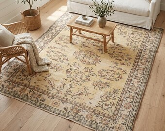Gold Floral Rug | 4.8x7.5 ft Living Room | Muted Vintage Turkish Wool