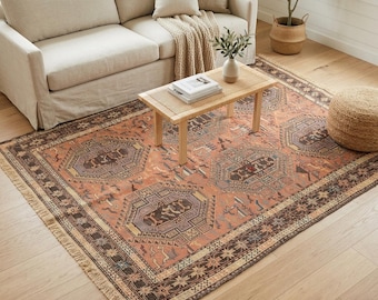 Salmon Tribal Rug | 4x6.4 ft Living Room | Vintage Anatolian Tribal Wool