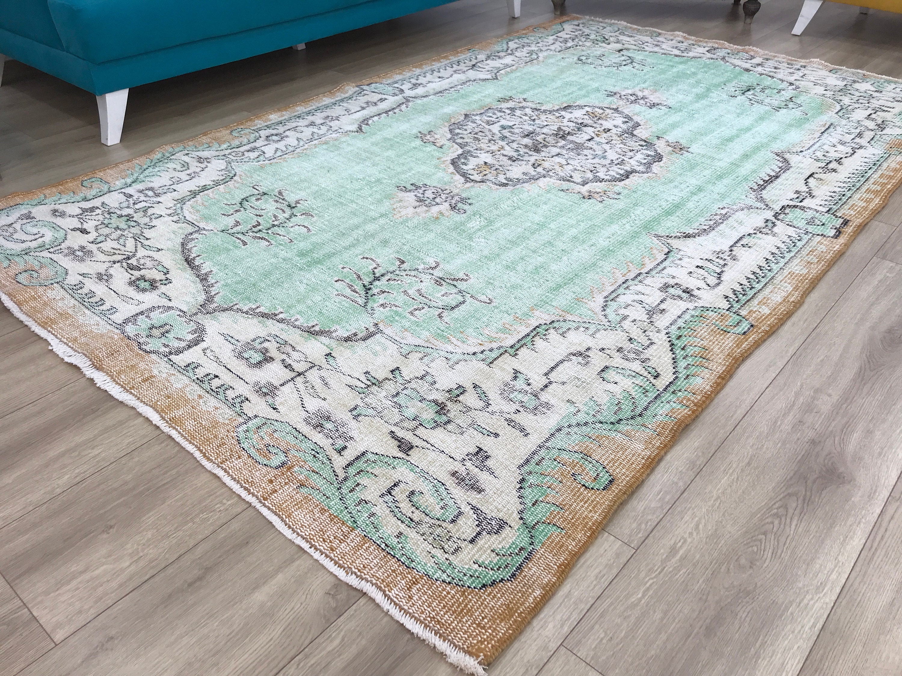 83.5×40 \"Green sea” ViNTAGE TURKiSH RUG Green Rug, Turkish Rug, 5.2 X8.7 , Beige Rug, Area Rug