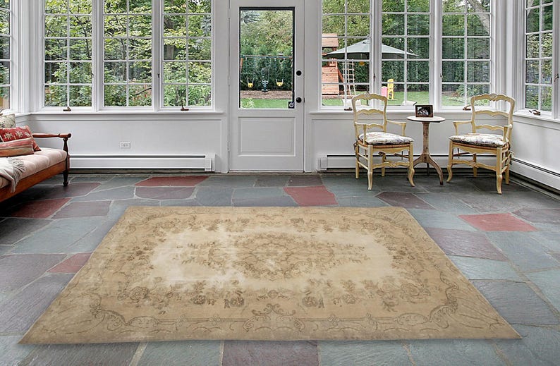 Alfombra neutra, alfombra en tonos tierra, alfombra hecha a mano, alfombra para sala de estar, alfombra anudada a mano, alfombra antigua, alfombra de lana, alfombra para dormitorio, 6.4 x 9.9 pies, RK 12401 imagen 3