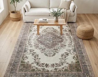 Green Oushak Rug | 5.5x9.3 ft Living Room | Faded Vintage Turkish Wool Carpet