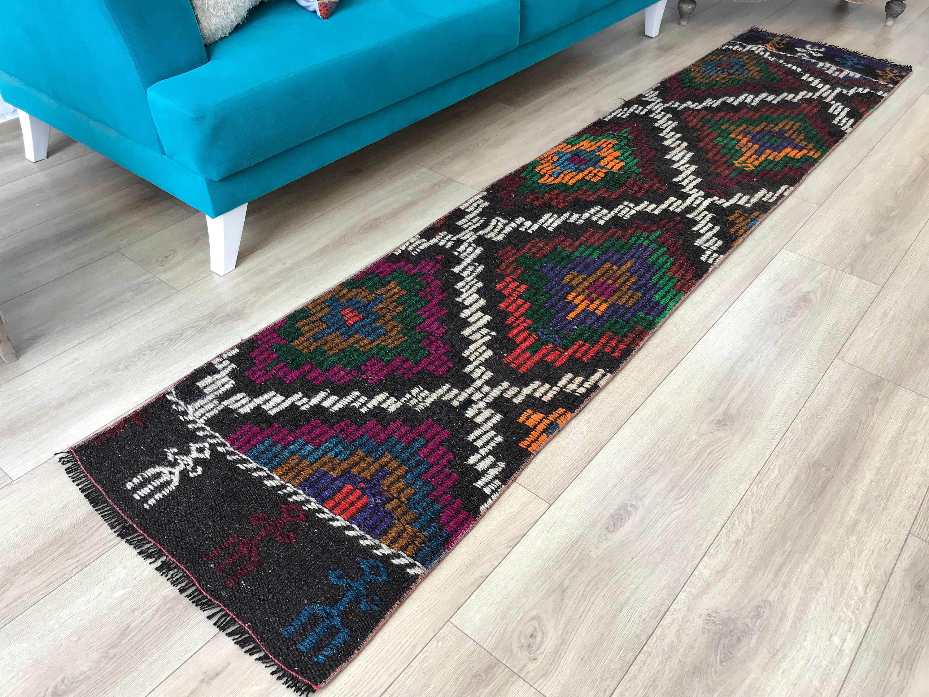 レッド53×163フローラル ネイビー ランナー ロング トルコヴィンテージ