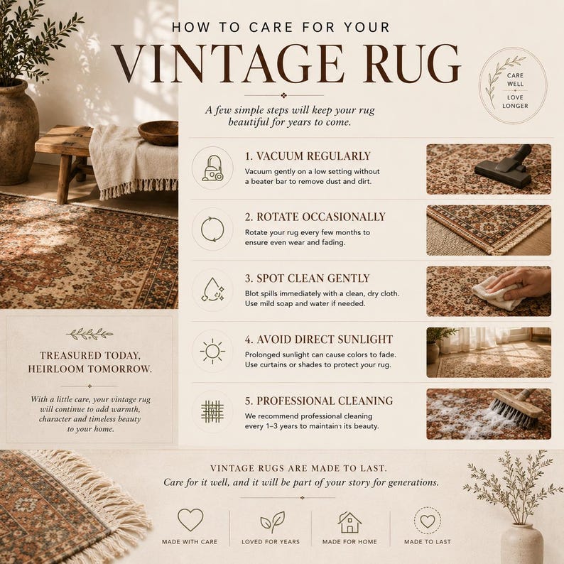 The image is a detailed guide on how to care for a vintage rug, providing step-by-step instructions on how to clean and maintain the rug.