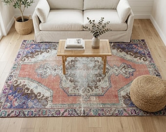 Coral Oushak Rug | 4.5x7 ft Living Room | Colorful Vintage Turkish Wool Carpet