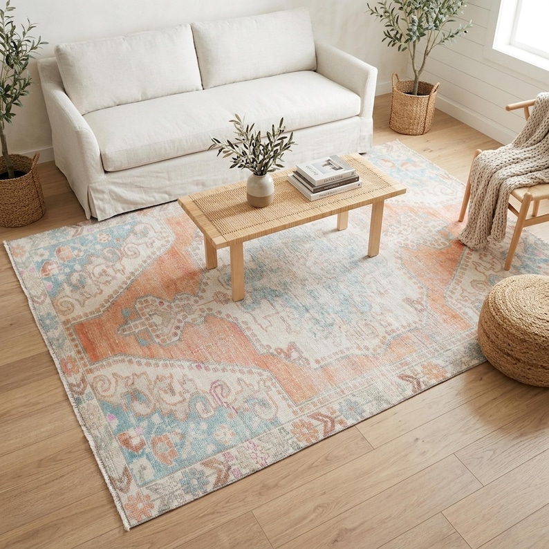 Coral Oushak Rug | 4.4x7.3 ft Living Room | Distressed Vintage Anatolian Wool image 1