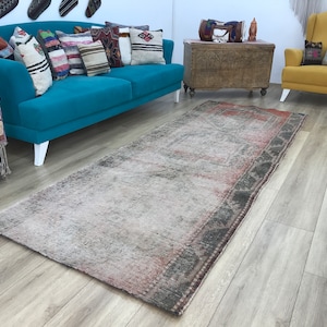 Runner area rug, Worn rug, Wool entryway rug, Turkish vintage rug, Antique rug, Floor rug, Distressed rug, Oushak rug, 3.6 x 10 ft, RK 7057