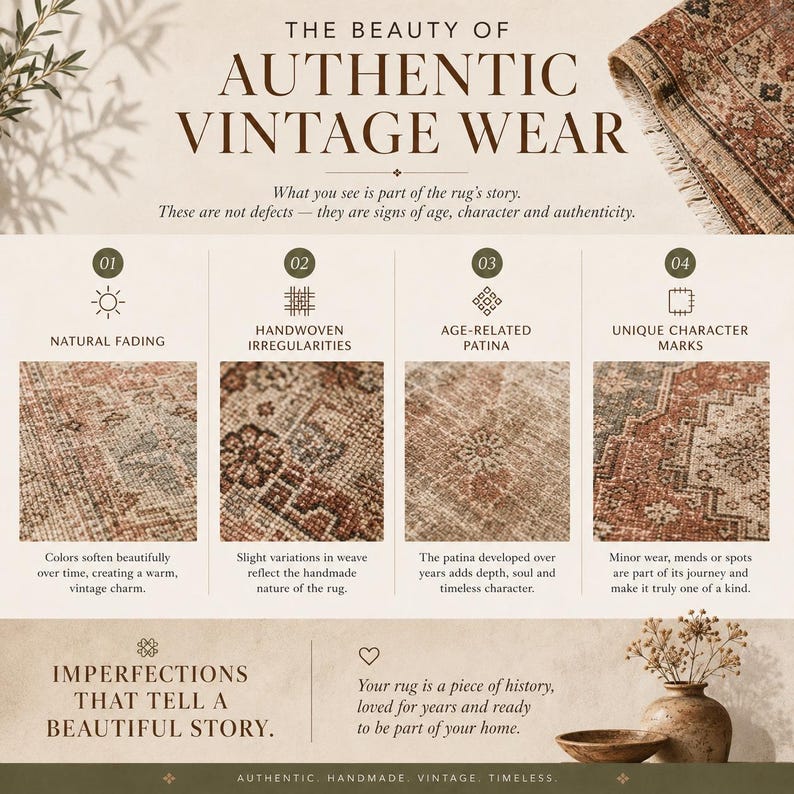 The image is a collage of four images showcasing different aspects of authentic vintage wear, including natural fading, hand-knitted irregularities, age-patina, and unique character marks.