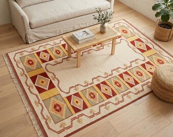 Ivoorkleurig tribal vloerkleed | Woonkamer van 4,1 x 6,1 ft | Vintage Anatolische tribale wol