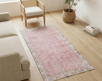 Dusty Pink Floral Rug | 3.3x6.8 ft Bedroom | Distressed Vintage Turkish Wool