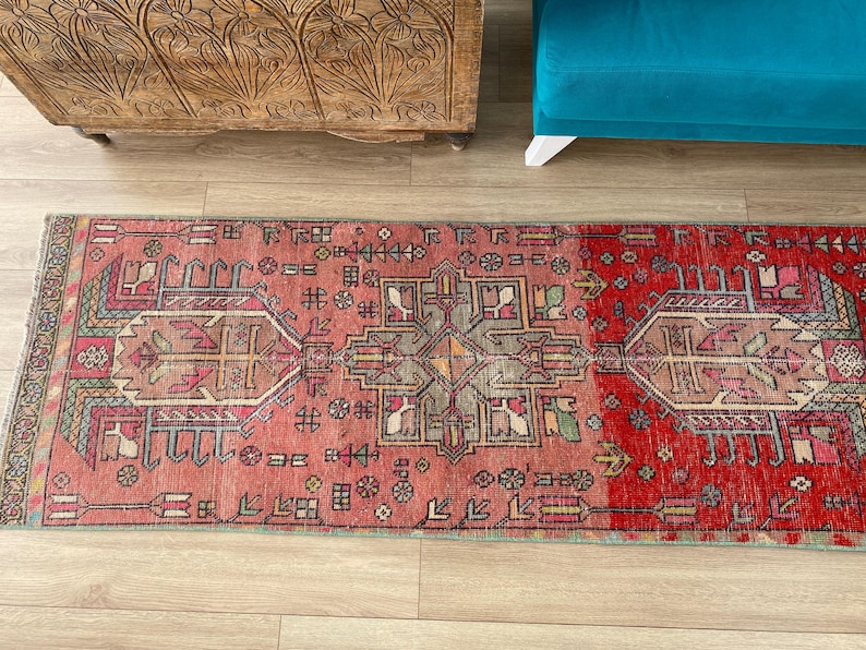 Alfombra vintage hecha a mano, alfombra turca tipo pasillo, alfombras para pasillo, alfombra a medida, alfombra anudada a mano, alfombra única, 2,4 x 12,2 pies, RK 9174 imagen 5