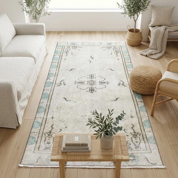 Mint Oushak Teppich | 3x2m Wohnzimmer | Beunruhigt Vintage Anatolische Wolle