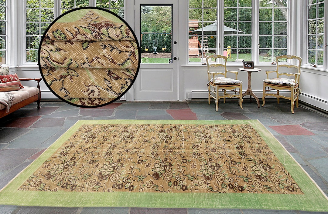 Green Turkish Rug, Floral Oushak Rug, Handmade Area Rug, Vintage Rug ...