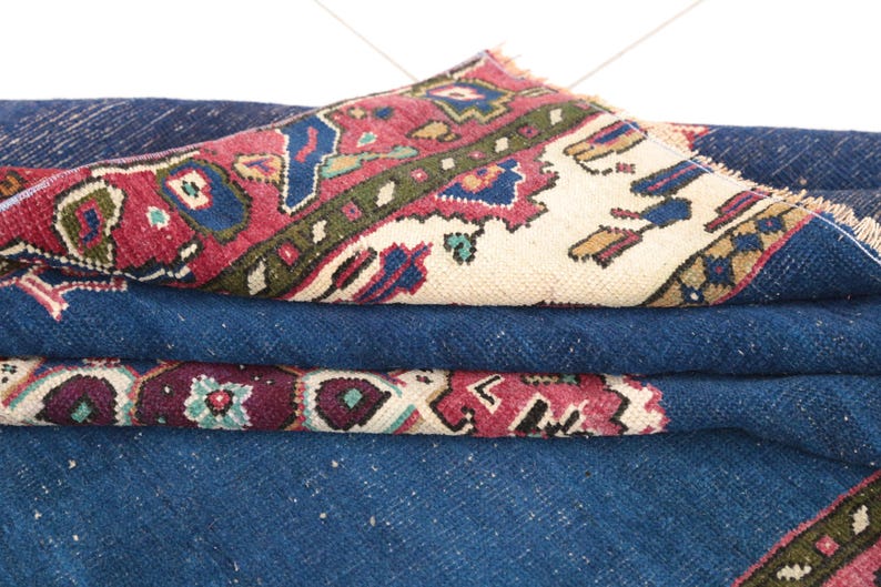 Tappeto Oushak color cobalto / 146x21 cm per soggiorno / Lana anatolica vintage immagine 2