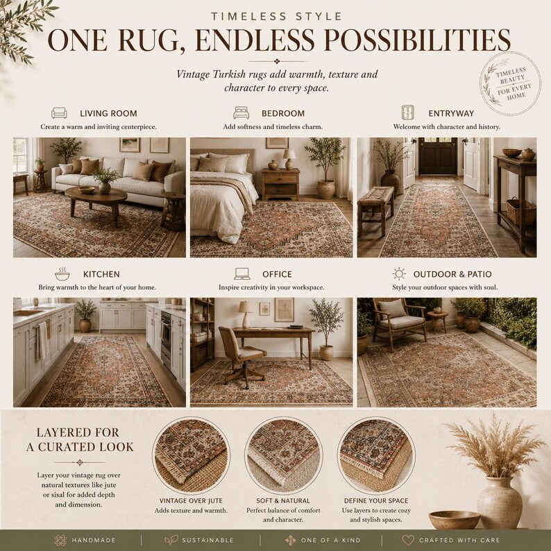 The image is a collage of nine different images showcasing various types of rugs and their uses in different rooms of a home. The rugs feature a variety of textures, colors, and patterns, and are arranged in a grid format. The collage highlights the versatility and timeless style of the rugs, which can be used to create a warm and inviting atmosphere in any space.