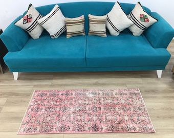 Muted pink rug, Small turkish rug, Bohemian rug, Wool rug, Bathroom rug, Entrance carpet, Vintage rug, Outdoor rug, 2.1x4.6 feet, RK 10131