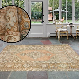 Floral turkish rug, Earth tone rug, Oushak vintage rug, Living room rug, Bedroom rug, 3.2x4.5 ft, Entry rug, Ethnic rug, RK 12454