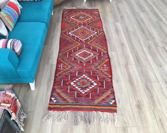 Turkish herki rug, Oushak area rug, Kitchen rug, Bohemian rug, Oushak wool rug, Kilim rug, Vintage boho rug, 2.8 x 8.8 ft, RK 9561