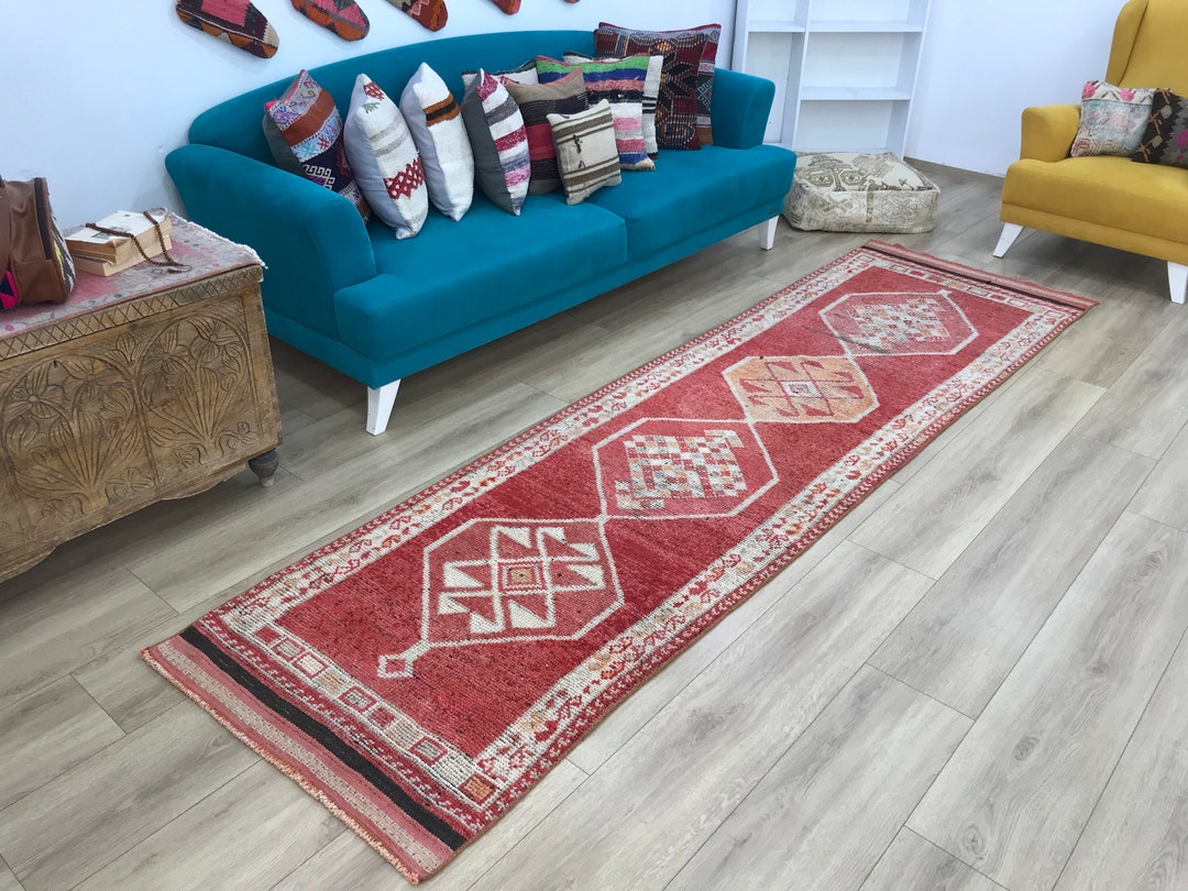 Turkish Rug Runner , Vintage Area Rug , 3.1 X 11 Ft
