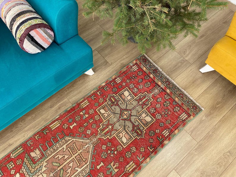 Alfombra vintage hecha a mano, alfombra turca tipo pasillo, alfombras para pasillo, alfombra a medida, alfombra anudada a mano, alfombra única, 2,4 x 12,2 pies, RK 9174 imagen 1