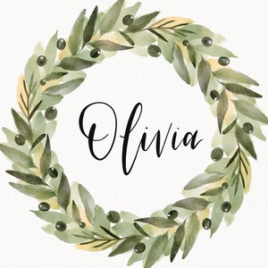Watercolor Wreath Name Art - Olive Oliver Olivia - Downloadable Print or Print and ship