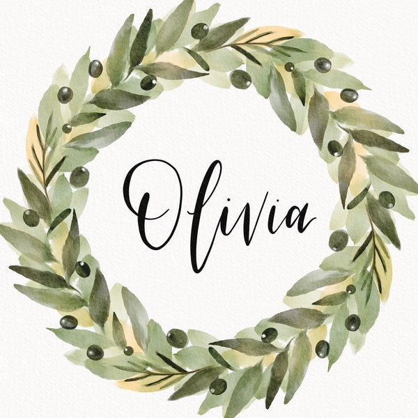 Aquarell Kranz Name Art - Olive Oliver Olivia - Herunterladbarer Druck oder Druck und Schiff