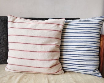 Cojín de rayas de algodón orgánico, funda de almohada blanca, funda de almohada de rayas tejida a mano, funda de almohada de rayas blancas y rojas