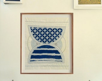 Textile Art Indigo Quilted Wall Art: Embroidered Kantha Stitch, Boho Decor