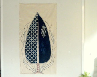 Tree of Life Quilted textile art: Indigo kantha Embroidered wall tapestry
