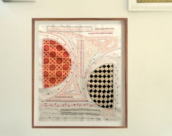 Textile Art Quilted Kantha Embroidered Wall Art: Red & Black Fabric Tapestry