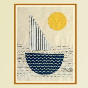 May include: A framed artwork depicting a sailboat with a blue and white striped sail, a blue and white wavy ocean, and a yellow sun.