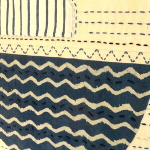 May include: A close-up of a blue and white fabric with a wavy pattern. The fabric is stitched with a running stitch in a dark blue thread. The fabric is sewn onto a cream-colored background.