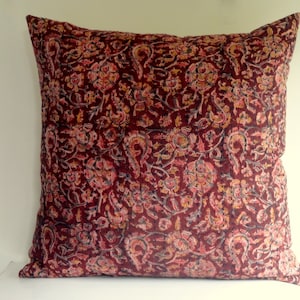 Indian Block print Maroon Paisley kalamkari print cushion cover, kalamkari  pillow cover, rustic home decor, paisley pillow cover