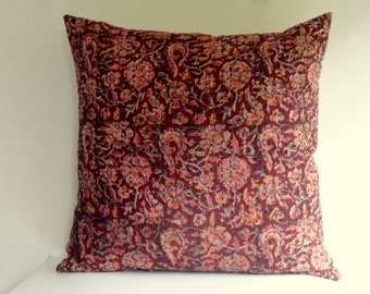 Indian Block print Maroon Paisley kalamkari print cushion cover, kalamkari Kantha pillow cover, rustic home decor, paisley pillow cover