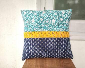 Indigo kantha Pillow cover, yellow and blue Kantha cushion cover, floral Kantha pillow cover, Indigo pillow cover, Bohemian decor