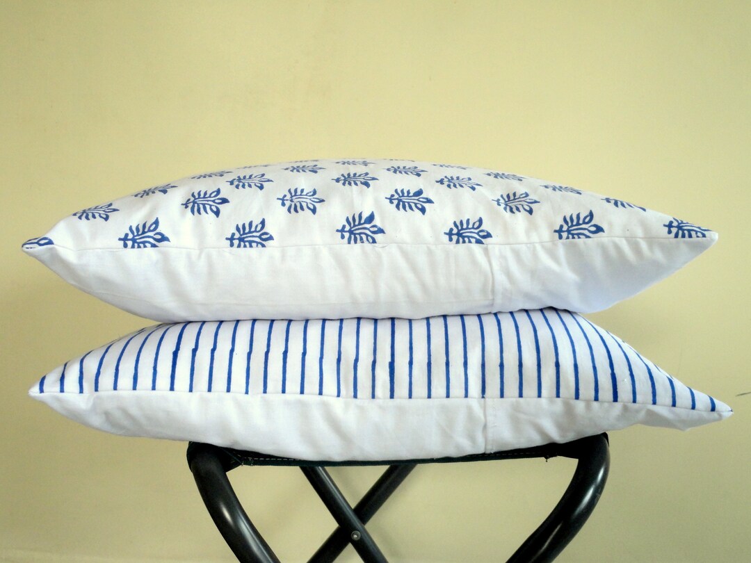 SALE Pair of Blue Stripe Cushion Cover, Indigo White Pillow, Block